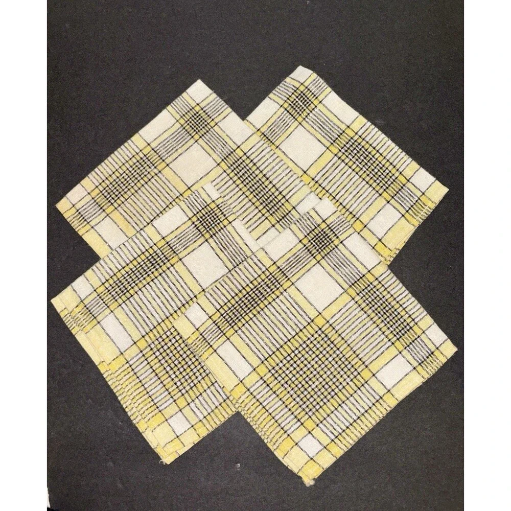 Vintage Yellow and Black Linen Cocktail Napkins